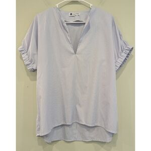 Caryn Lawn Blue White Striped Short Sleeve Blouse One Size